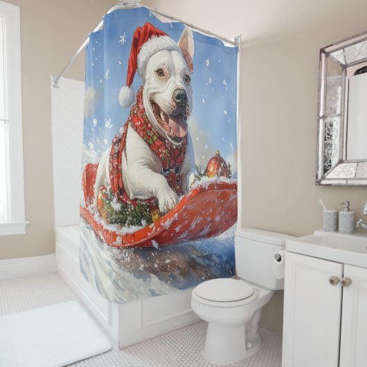 ブルテリアの犬ソリを降らせる クリスマス シャワーカーテン (インサイチュ)