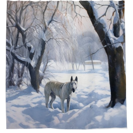 ブルテリアは雪のクリスマスを許した シャワーカーテン (正面)