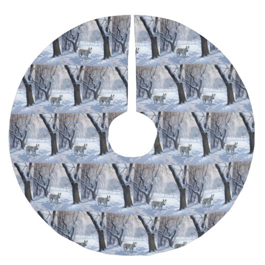 ブルテリアは雪のクリスマスを許した ブラッシュドポリエステルツリースカート (正面)