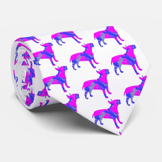 ブルテリアイングリッシュドッグピンクブルーシルエットホワイト ネクタイ (ロール)