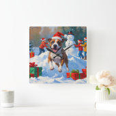 ブルテリアクリスマスフェスティバルスノーシーン スクエア壁時計 (ホーム)