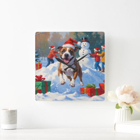 ブルテリアクリスマスフェスティバルスノーシーン スクエア壁時計 (ホーム)