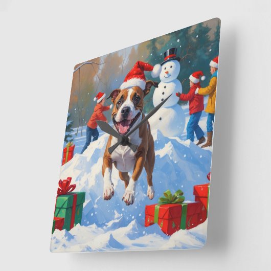 ブルテリアクリスマスフェスティバルスノーシーン スクエア壁時計 (傾斜)