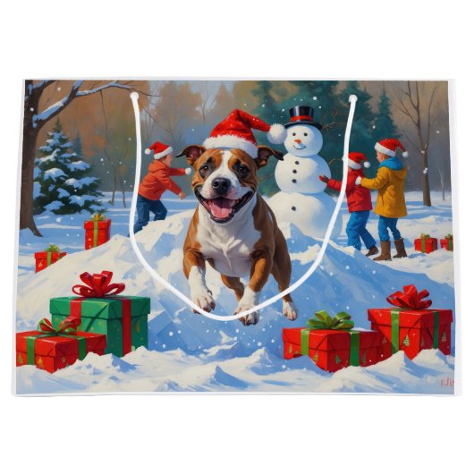 ブルテリアクリスマスフェスティバルスノーシーン ラージペーパーバッグ (正面)