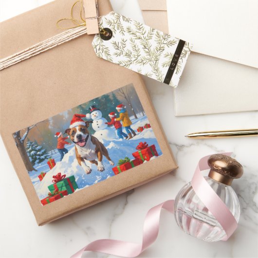ブルテリアクリスマスフェスティバルスノーシーン 長方形シール (ギフト)