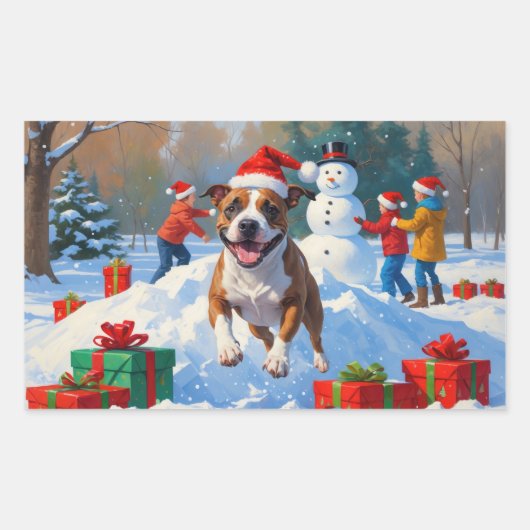 ブルテリアクリスマスフェスティバルスノーシーン 長方形シール (正面)