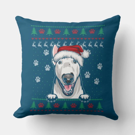 ブルテリアクリスマス醜いセーターおもしろい犬ラブ クッション (正面)
