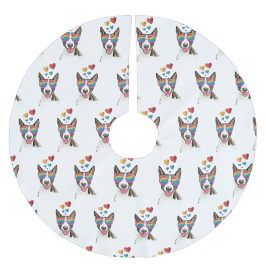 ブルテリアドッグとハートバレンタインデー ブラッシュドポリエステルツリースカート (正面)