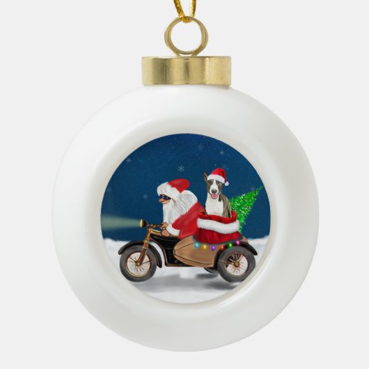 ブルテリアドッグクリスマスサンタクロース セラミックボールオーナメント (正面)