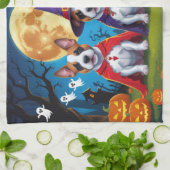 ブルテリアドッグスパンプキンハロウィンおもしろい キッチンタオル (折り畳み)