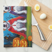 ブルテリアドッグスパンプキンハロウィンおもしろい キッチンタオル (四つ折り)