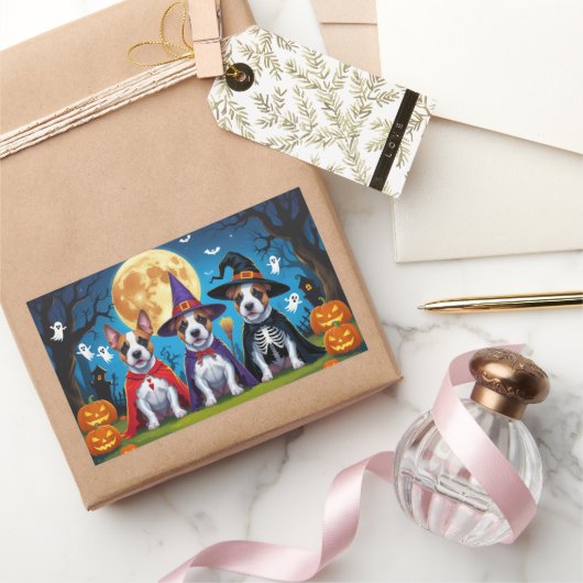 ブルテリアドッグスパンプキンハロウィンおもしろい 長方形シール (ギフト)