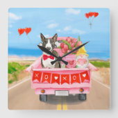 ブルテリアドッグバレンタインデートラックハート スクエア壁時計 (正面)