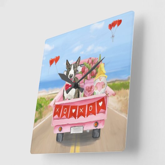 ブルテリアドッグバレンタインデートラックハート スクエア壁時計 (傾斜)