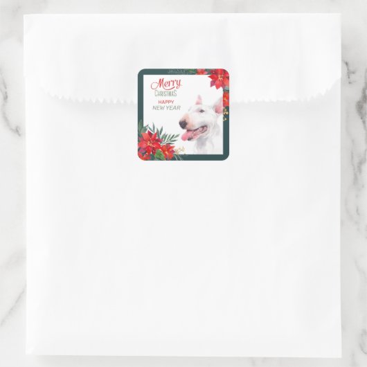ブルテリアドッグポインセチア縁どスクリスマス スクエアシール (バッグ)