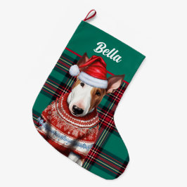 ブルテリアドッグレッドとグリーンパーソナライズされたプレイド ラージクリスマスストッキング