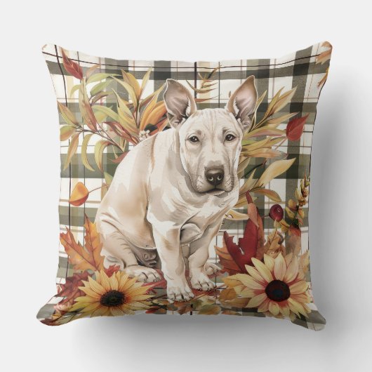 ブルテリアドッグ秋ウオーターカラーフラワー クッション (正面)
