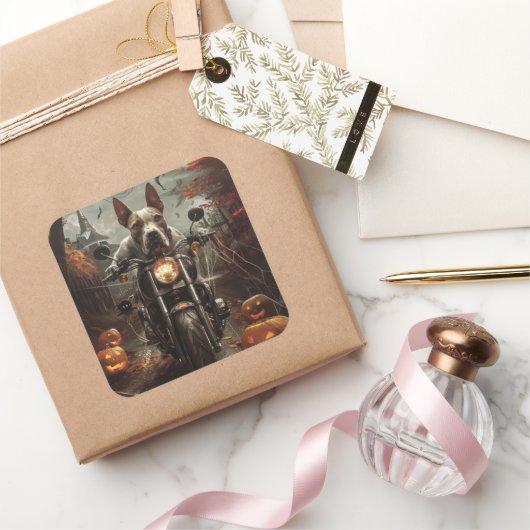 ブルテリアライディングオートバイハロウィンホラー スクエアシール (ギフト)