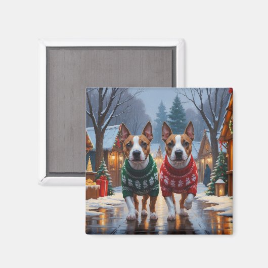 ブルテリア犬のクリスマススノーホリデー マグネット (正面/裏面)