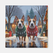 ブルテリア犬のクリスマススノーホリデー マグネット (正面)