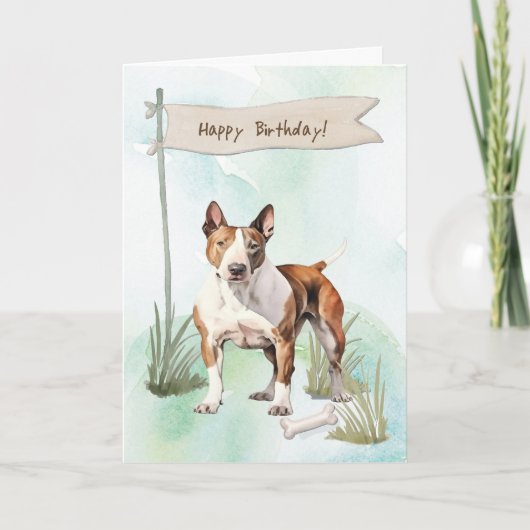 ブルテリア犬の外での誕生日サイン カード (正面)