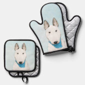 ブルテリア絵を描の白い英語かわいいドッグアート 鍋つかみ&鍋敷きセット (正面/裏面)