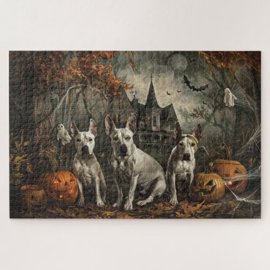ブルテリア ハロウィンの夜の犬の喜び  ジグソーパズル (横)