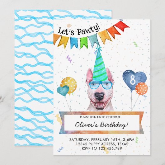 ブルテリア レッツパーティー 犬 誕生日パーティー 招待状 (正面/裏面)