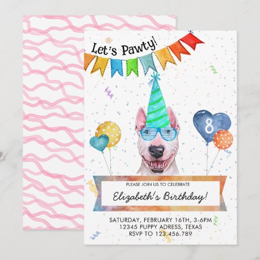 ブルテリア レッツパーティー 犬 誕生日パーティー 招待状 (正面/裏面)