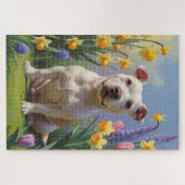 ブルテリア 犬 春の花 絵画 ジグソーパズル (横)