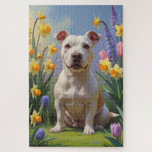 ブルテリア 犬 春の花 絵画 ジグソーパズル (縦)