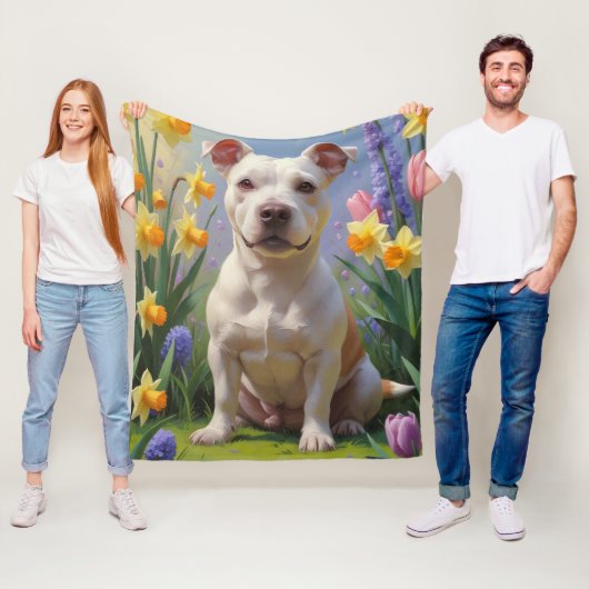 ブルテリア 犬 春の花 絵画 フリースブランケット (インサイチュ)