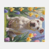 ブルテリア 犬 春の花 絵画 フリースブランケット (正面(横))
