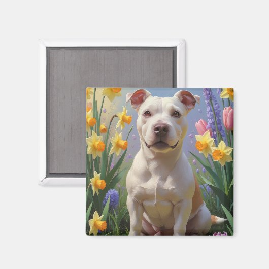 ブルテリア 犬 春の花 絵画 マグネット (正面/裏面)