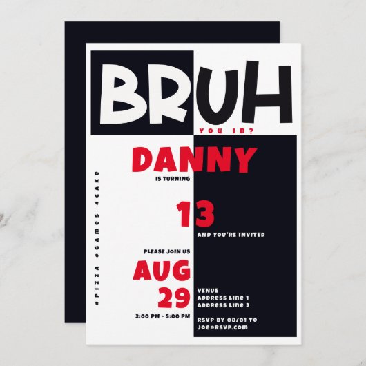 ブルトゥイーン10代の10代の若者ズはっきりしたブラックボーイ誕生日 招待状 (正面/裏面)