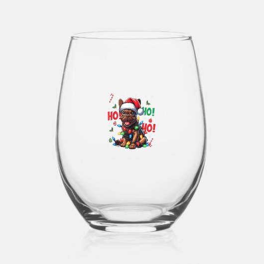 ブルドッおもしろいクフランスのクリスマスのサンタ帽子HO ステムなしワイングラス (正面)