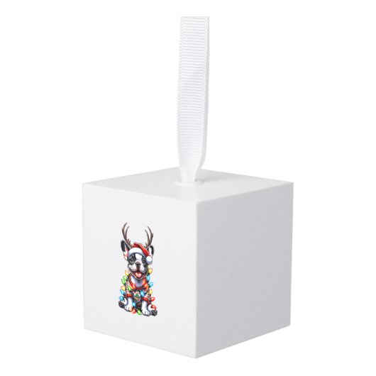 ブルドッおもしろいグフランスの・クリスマス・ライト・サンタハットレイ キューブオーナメント (正面アングル)