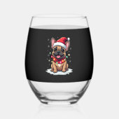 ブルドッグおもしろいスフランスのクリスマスサンタハットライトS ステムなしワイングラス (正面)