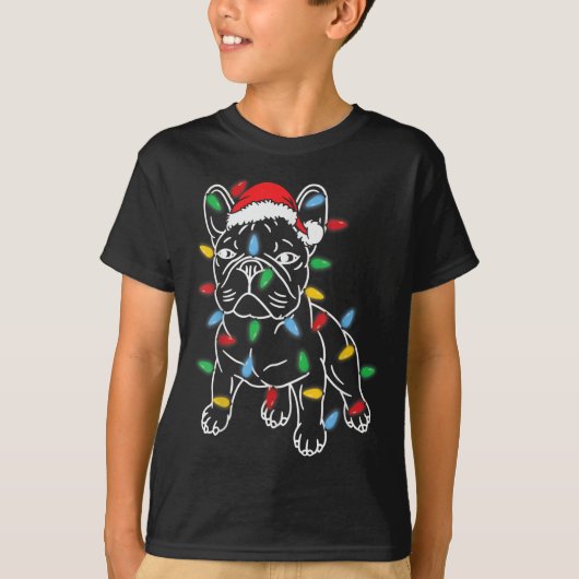 ブルドッグおもしろいドッグフランスのクリスマスライトツリークリスマス Tシャツ (正面)