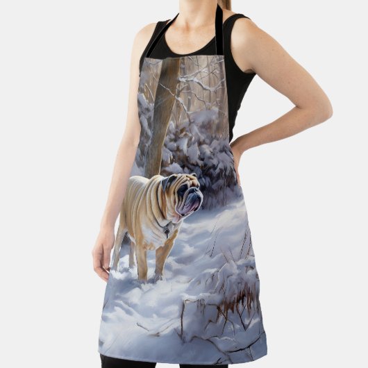 ブルドッグがそれを雪のクリスマスのブラシを渡す エプロン (インサイチュ)