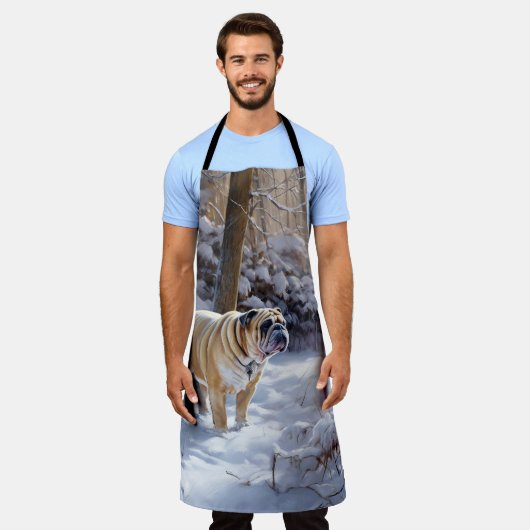 ブルドッグがそれを雪のクリスマスのブラシを渡す エプロン (着用した状態)