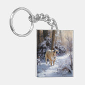 ブルドッグがそれを雪のクリスマスのブラシを渡す キーホルダー (正面左)