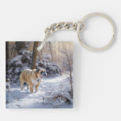 ブルドッグがそれを雪のクリスマスのブラシを渡す キーホルダー (裏面)