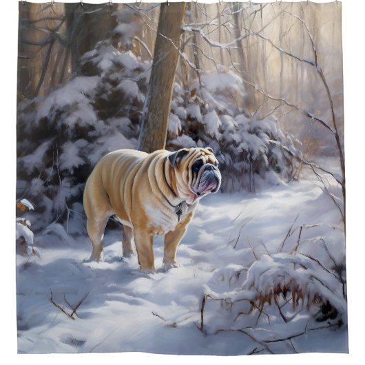 ブルドッグがそれを雪のクリスマスのブラシを渡す シャワーカーテン (正面)