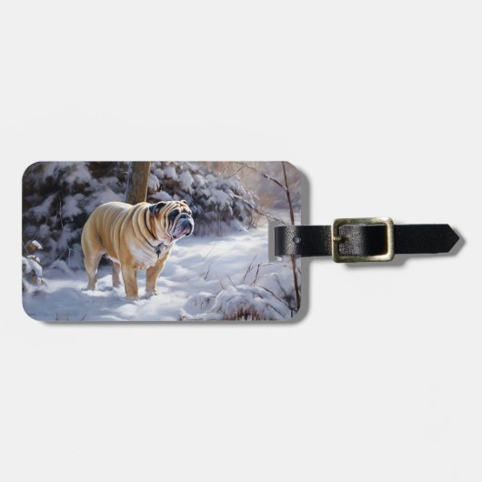 ブルドッグがそれを雪のクリスマスのブラシを渡す ラゲッジタグ (正面横)