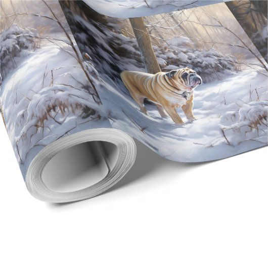 ブルドッグがそれを雪のクリスマスのブラシを渡す ラッピングペーパー (ロールコーナー)