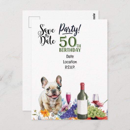 ブルドッグと50歳の誕生日パフランスのーティー ポストカード (正面/裏面)