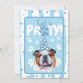ブルドッグのイラストを使ったパーティーの青い誕生日 サンキューカード (正面)