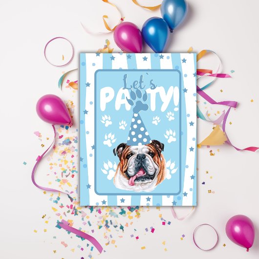 ブルドッグのイラスト 青い誕生日パーティーの招待状 ポストカード