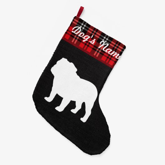 ブルドッグのクリスマスのバーラップのタータンチェックの休日のストッキング ラージクリスマスストッキング (正面 (吊り時))
